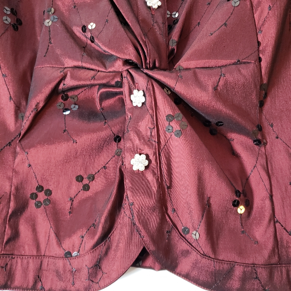 Vtg Oxblood Cachet Rheinstones Seqins Evening Faux Wrap Formal Blouse Top 16 - Picture 8 of 12